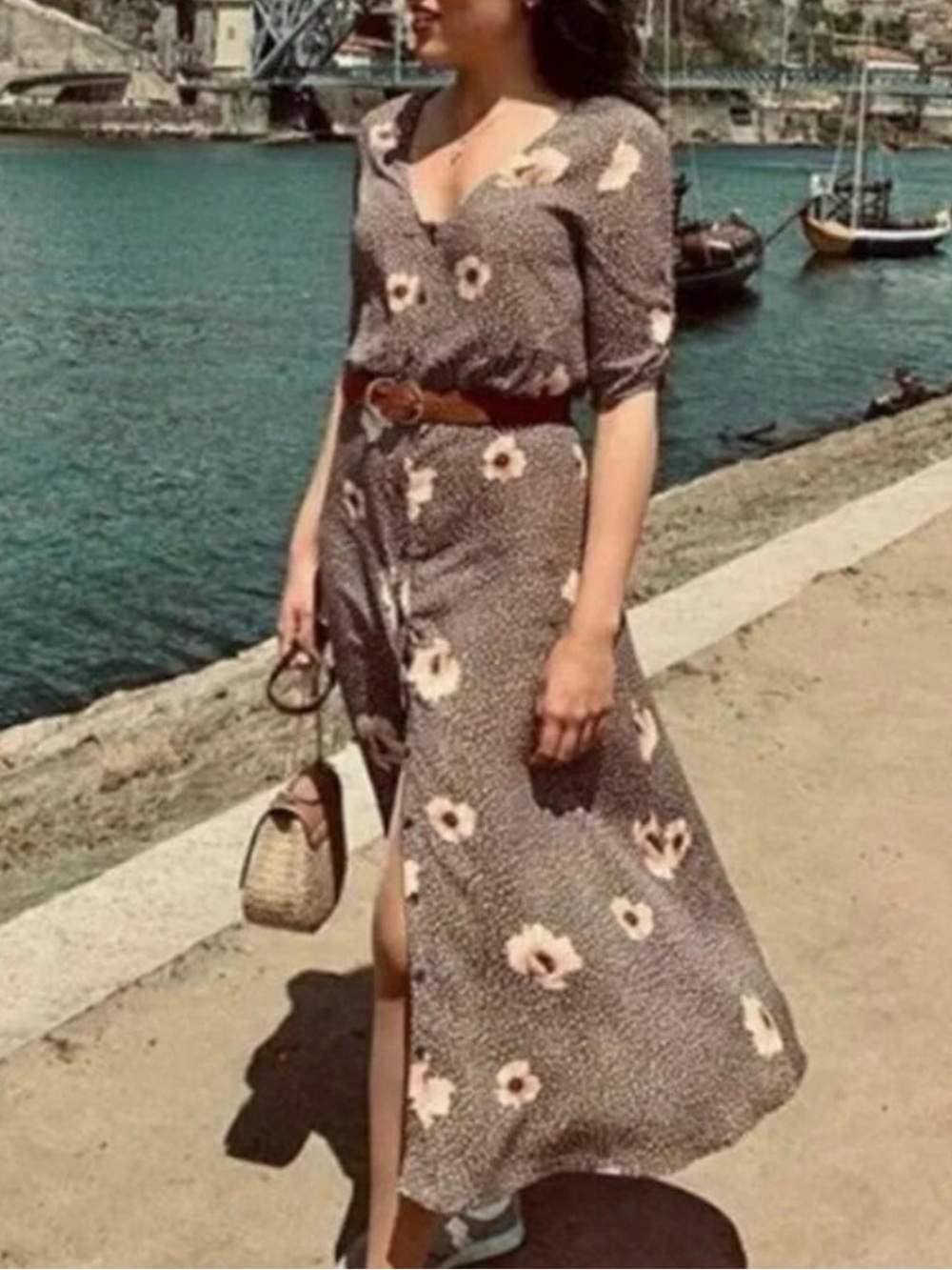 H&M Brown Midi Dress with Cream Floral Print